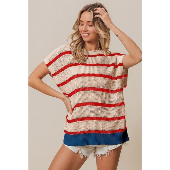 BiBi Fourth Of July Stripe Pattern Drop Shoulder Pullover Sweater | Oatmeal/Red - Picture 9 of 9